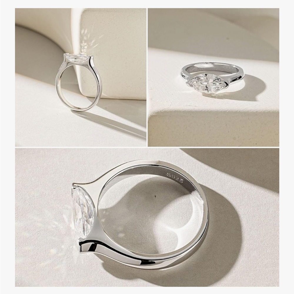 Elegant Silver Ring with East West Marquise Cut Gemstone, Size 6 & 10